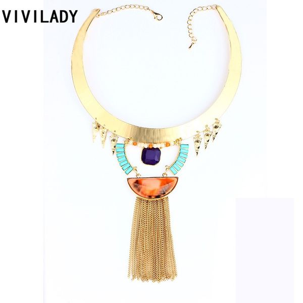 

vivilady fashion bohemian statement jewelry maxi necklaces long tassel beads resin stone chokers women bijoux accessory gifts, Silver