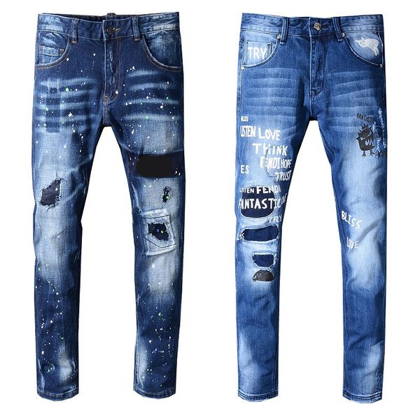 

бренд мужские джинсы брюки ретро стиль мода проблемные рваные designerjeans slim fit мотоцикл байкер роскошные джинсовые джинсы мужские брен, Blue