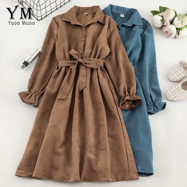 

yuoomuoo осень платье женщины turn down воротник длинные рукава flare пояса высокой талией платье женский твердая vintage платье рубашка ves, Black;gray