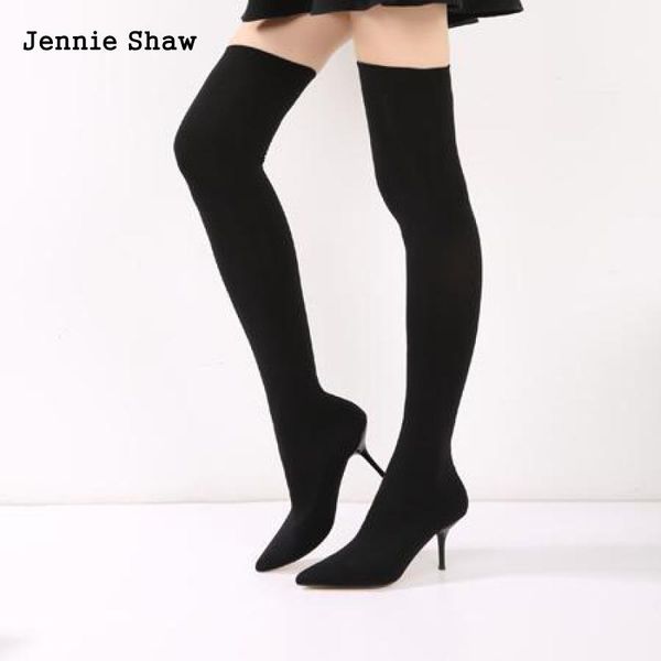 

fashion over the knee boots elastic cloth stockings women's long boots high heeled point toe shoes, Black