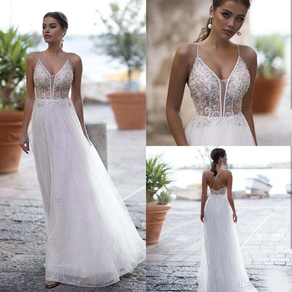 

chic bohemian beach wedding dresses with spaghetti straps lace beaded vestido de novia sequined wedding gowns backless, White