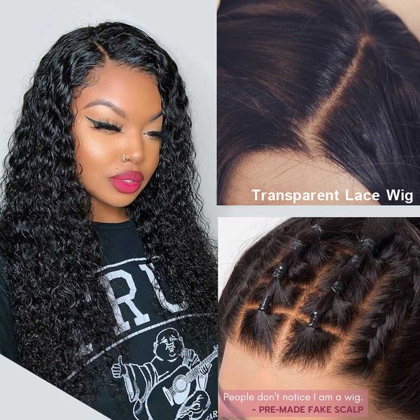 

lace front human hair wigs invisible fake scalp wig 13x6 deep part pixie cut short bob curly remy preplucked 130%, Black