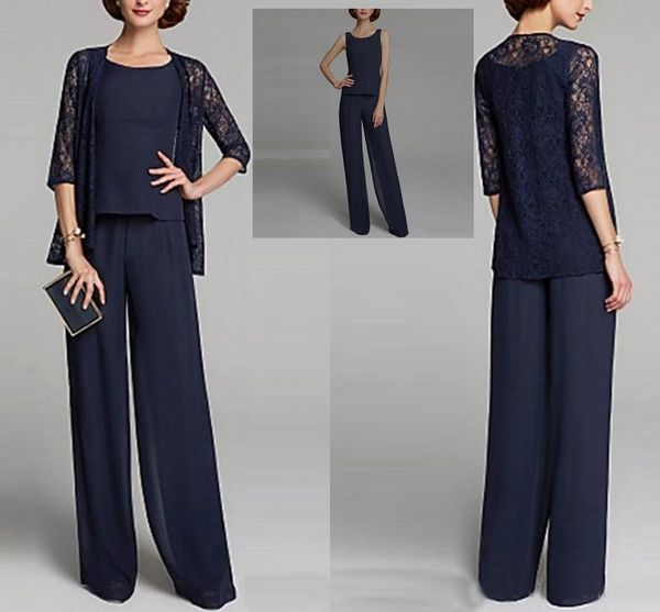 

2020 summer dark navy 3 piece mother of the bride dresses plus size jewel neck floor length chiffon lace pants suits party gowns, Black;red