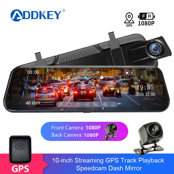 

addkey 10" touch screen car dvr stream media 1080p dash camera dual lens camera video recorder gps playback with backup