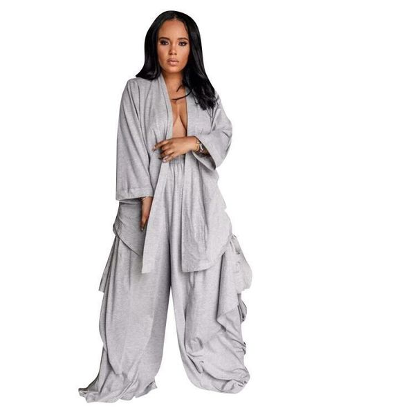 

new autumn women open stitched tie up long sleeve loose long pants suit two piece set club party night tracksuit glm510, White