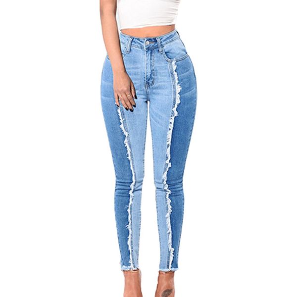 

vogue autumn winter fashion personality ladies solid color large size stitching denim casual trousers elastic high waist jeans, Blue
