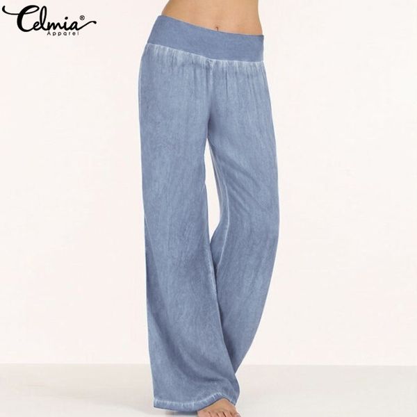 

celmia women denim wide leg pants jeans elastic high waist trousers womens clothing casual bottoms pantalon plus size palazzo, Black;white
