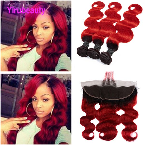 

indian raw human hair 3 bundles with 13x4 lace frontal body wave 1b/red ombre hair wefts with frontal 3 pieces, Black;brown