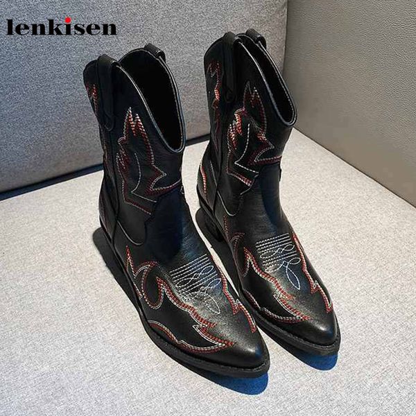 

lenkisen genuine leather embroidery boots pointed toe high heels vintage leisure style keep warm winter women mid-calf boots l03, Black