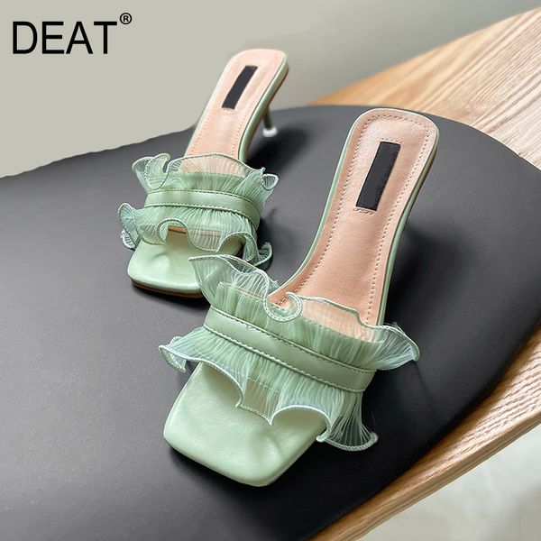 

deat] 2020 new spring summer square toe shallow lace ruffles temperament thin heels slippers women shoes fashion tide 10i369, Black