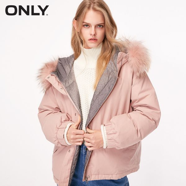

only women's loose fit big fur collar short duck down jacket |118323520, Black