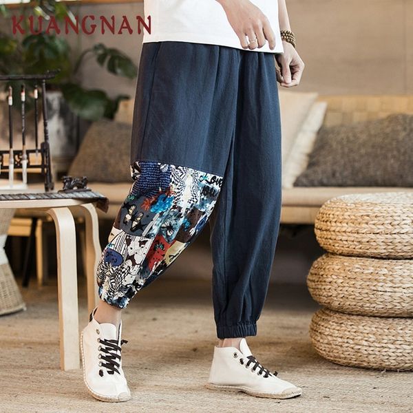 

kuangnan chinese style patchwork ankle-length pants men japanese streetwear joggers men pants hip hop trousers men pants 2019 y19073001, Black