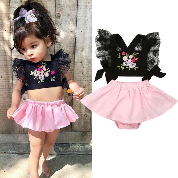 

1-4y toddler kids baby girl lovely clothes sets floral lace backless tutu black shorts outfit clothes, White