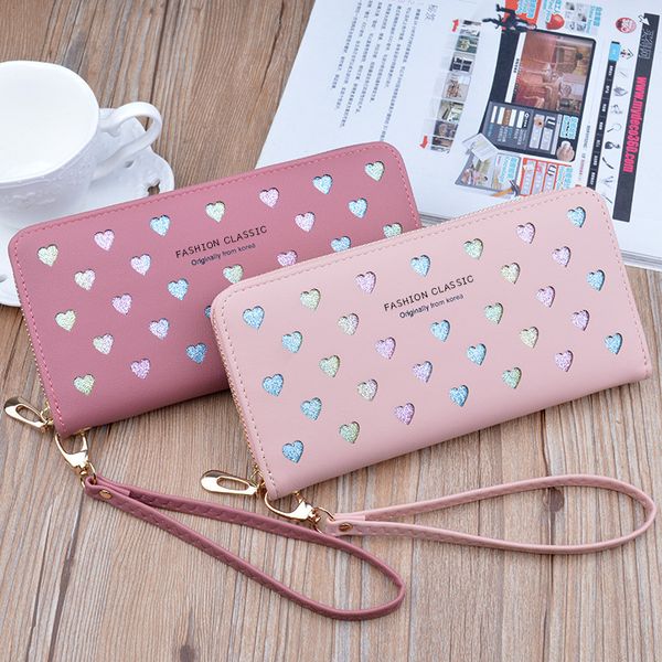 

2020 pu leather long wallet love heart design cute purse for phone high capacity card holder clutch wallets carteira feminina, Red;black