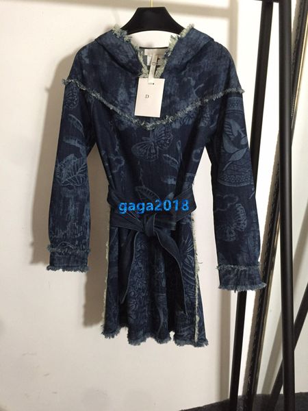 

high end женщины девушки мини с капюшоном джинсовая рубашка платье галстук талии цветочные бабочки печати с длинным рукавом a-line короткие, Black