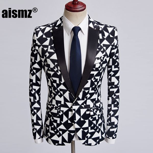 

aismz new men fashion black white triangle pattern blazer slim fit designs costume homme stage clothes for singers suit jacket, White;black