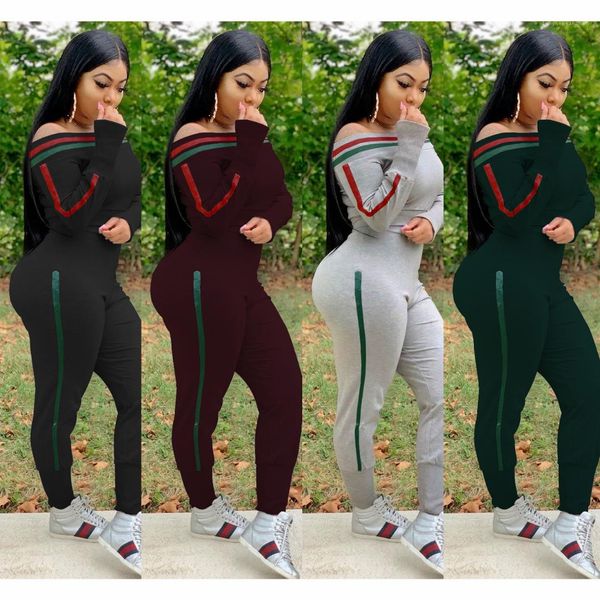 

2pcs тонкий сексуальный клуб осень костюмы женская одежда женская дизайнерская полосатые костюмы разрез шеи длинным рукавом обшитую панелями, Gray