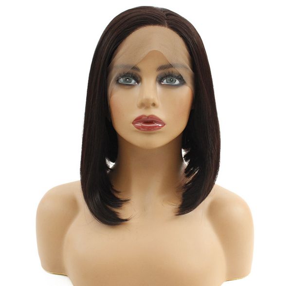 

new designer fashion lace front wig selling dark brown synthetic hair medium and short bobo straight hair split full head set, Black;brown