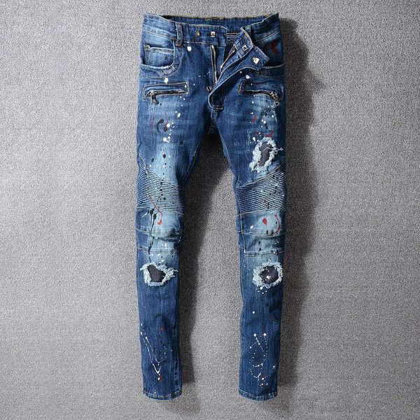 

мужские проблемные рваные джинсы размер сша 29 ~ 42 slim fit мотоциклетный байкер джинсовая ткань для мужчин бренд дизайнер хип-хоп мужские, Blue