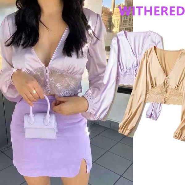 

увядшие новые ins мода блоггер vintgae кружева сращивание блузка женщины blusas mujer de moda 2020 короткая рубашка женские топы и блузка, White