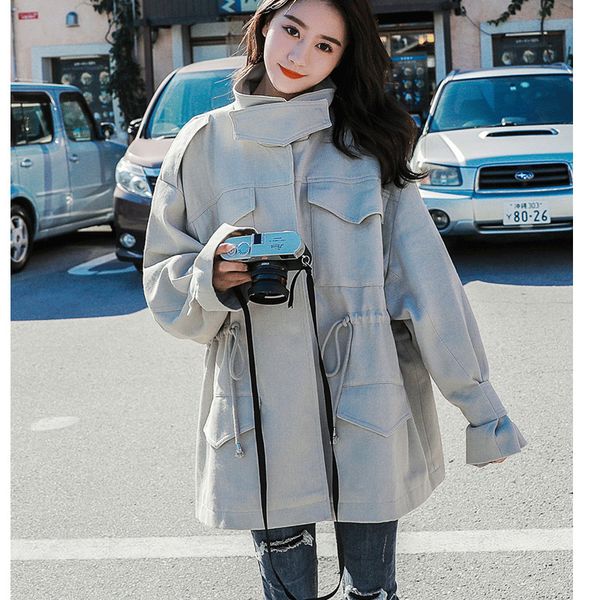 

2019 spring windbreaker jacket women s slim solid color long sleeve stand collar autumn tie casual fashion long coat female p21, Tan;black