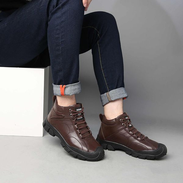 

2019 warm winter men boots genuine leather ankle boots men winter work shoes fur snow for, Black
