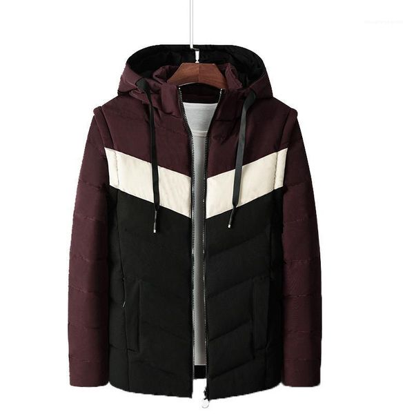 

jacket mens designer patchwork winter coats fashion contrast color zipper pocket outerwear casual hooded long sleeve, Black;brown