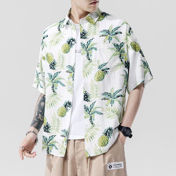 

pineapple print shirts men 2020 new fashion loose streetwear man shirts short sleeve casual spring autumn size s-5xl, White;black