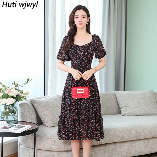

2019 sweet floral chiffon boho midi dresses summer vintage plus size print beach sundress elegant women bodycon party vestidos, Black;gray