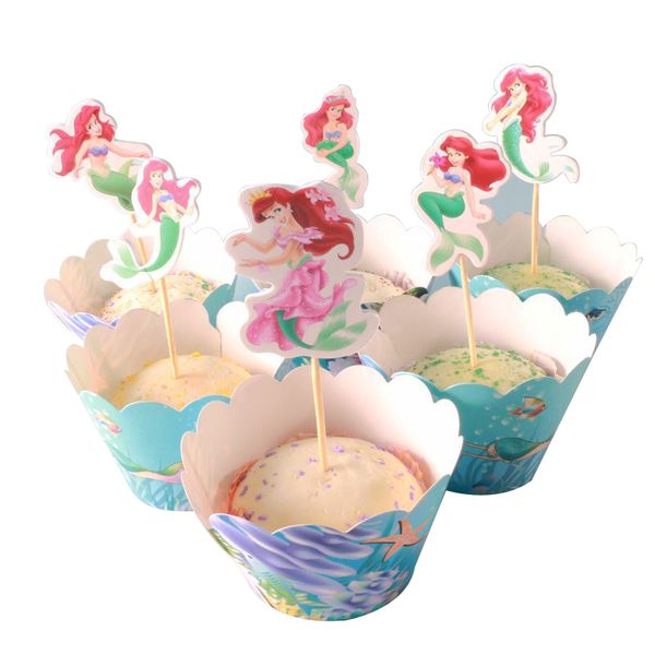 

new style baby shower birthday party cake er kids girls favors decoration little mermaid theme cupcake wrappers 1set=24pcs