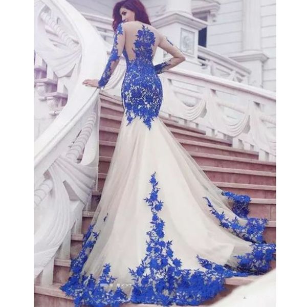 

long sleeve sheer neck prom dresses with royal blue lace appliques mermaid evening gowns tulle party gowns vestidos de fiesta, Black