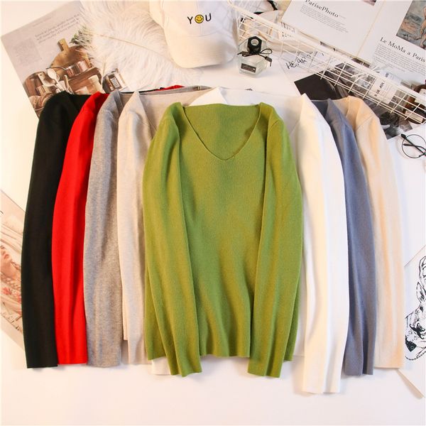 

casual knitted sweater women streetwear v neck long sleeve pullovers loose solid coat 2019 autumn winter fashion women's sweater, White;black