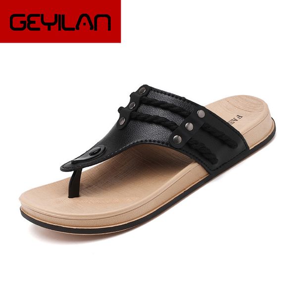 

men slippers new summer beach flip flops leather shoes men casual sandal flip flops slip-on man footwear outdoor big size, Black