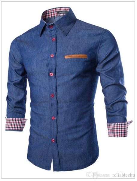 

синяя джинсовая рубашка мужчины патч клетчатая ткань pu карманный дизайн однобортный с длинным рукавом повседневная мода мужская рубашка бес, White;black