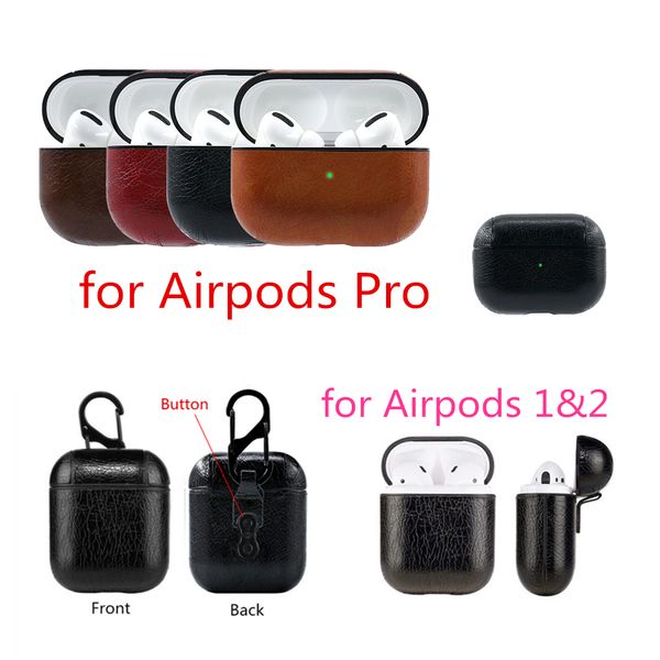 

for airpods pro 3 case pu leather case protective shockproof charging portable earphone vintage cover with anti-lost hook for airpods 1 2 3