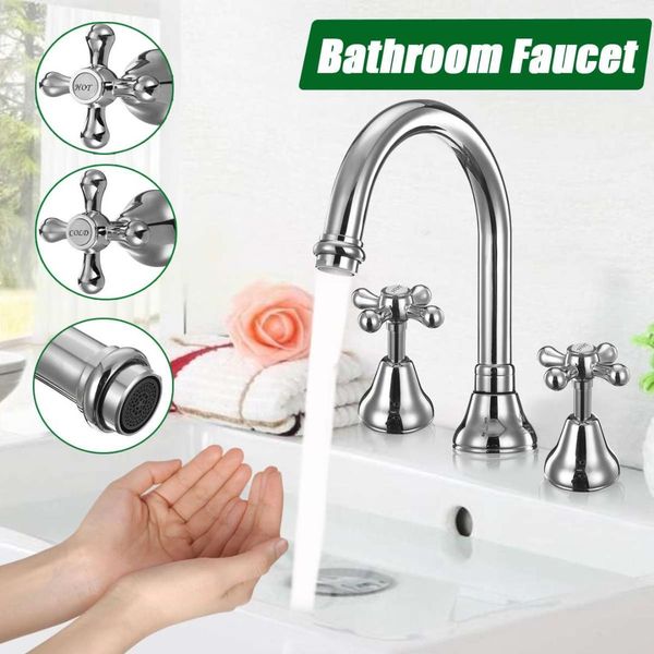 2019 Chrome Double Handle Dual Holes Bathroom Faucet Modern Vessel