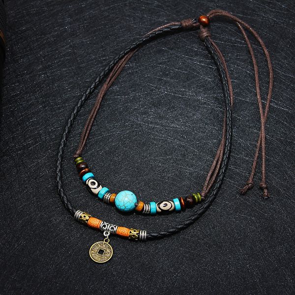 

men 2 layers leather rope necklace vintage fashion retro creative coin decor layered pendant charm wax rope faux leather, Silver