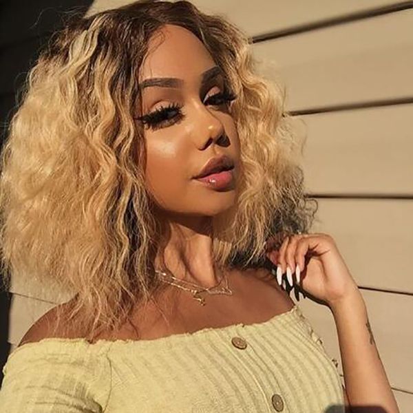 

ombre blonde wigs 1b/613# short bob curly wavy lace front wigs heat resistant synthetic none lace full wigs black women