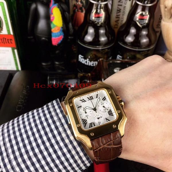 

3 style rose gold men's watch 40mm*12mm cal. vk quartz movement wristwatch chronograph leather strap men's watches, Slivery;brown