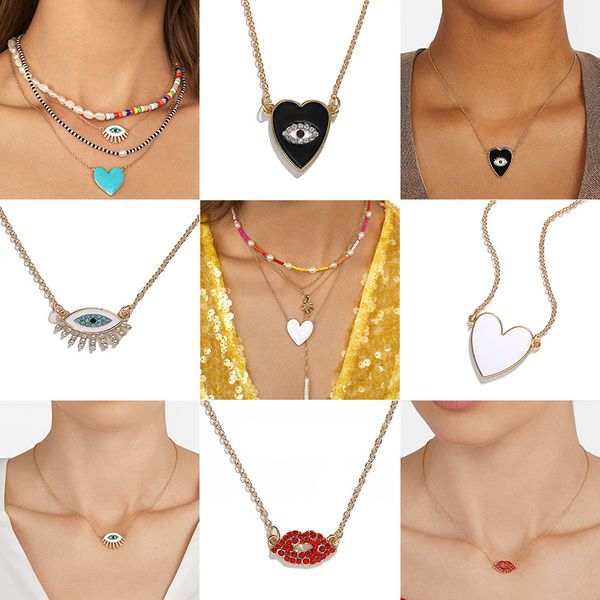 

2019 new enamel heart evil eye rhinestone lip heart rainbow pendant necklaces for women gold chain necklace jewelry gift, Silver