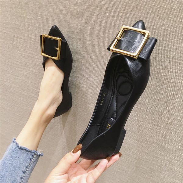 

women flats solid color metal decoration pointed toe slip on moccasins 31 32 43 44 45 extra small size lady working shoes flat, Black