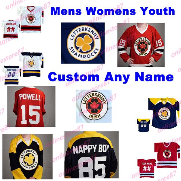 

irish letterkenny 69 shoresy 68 reilly 74 jonesy 15 powell ice hockey jersey red navy blue white double stitched name number personalized, Black