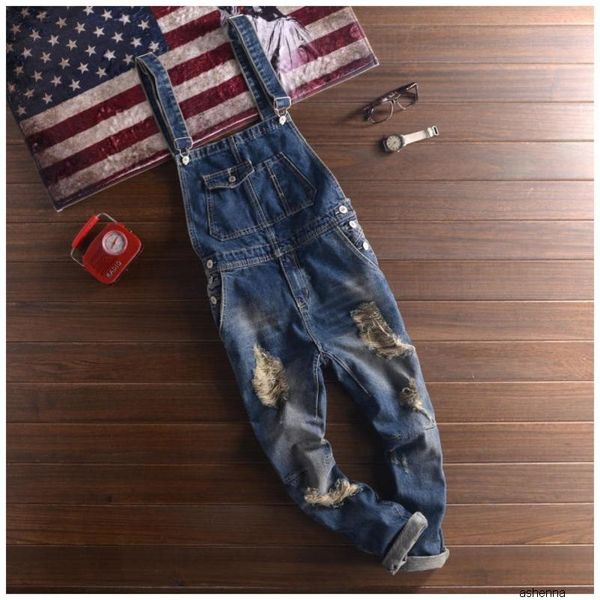 

wholesale- fashion brands ripped jeans bib overalls men slim fit skinny jeans man casual destroy wash denim jumpsuits jeans, Blue