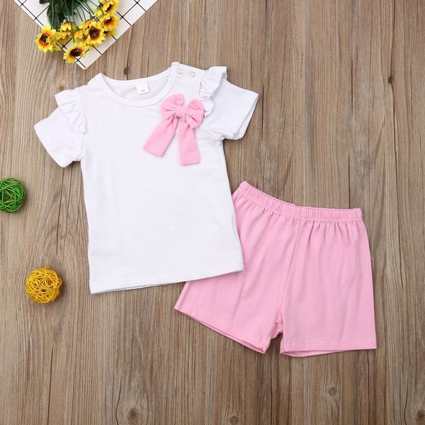 

newborn baby girl clothes bowknot ruffle t-shirt+shorts 2pcs sets, White