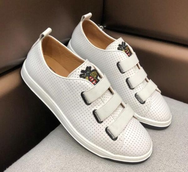

elastic band mens bees embroidery flats sneaker slip on breathable punching leisure shoes chaussure 38-44, Black