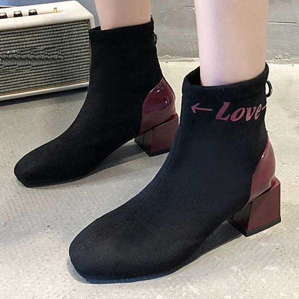 

boots women winter shoes fashion new autumn women suede suqare heel zipper short booties square toe shoes zapatos mujer booties, Black