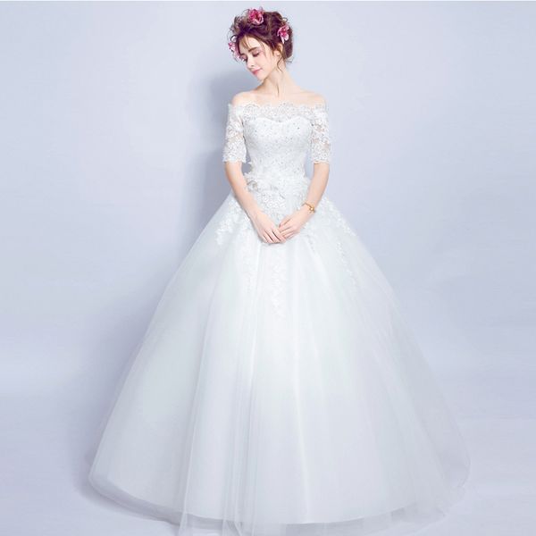 

lace tulle off shoulder ball gown wedding dresses with half sleeves 2019 appliques floor length bridal gowns robe de mariee, White