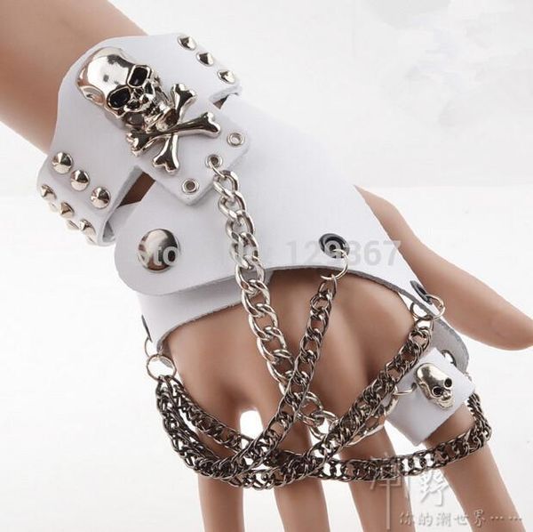 

fashion men women hip-hop non-mainstream half-finger gloves chain ring genuine leather punk rivet gloves rings, Blue;gray
