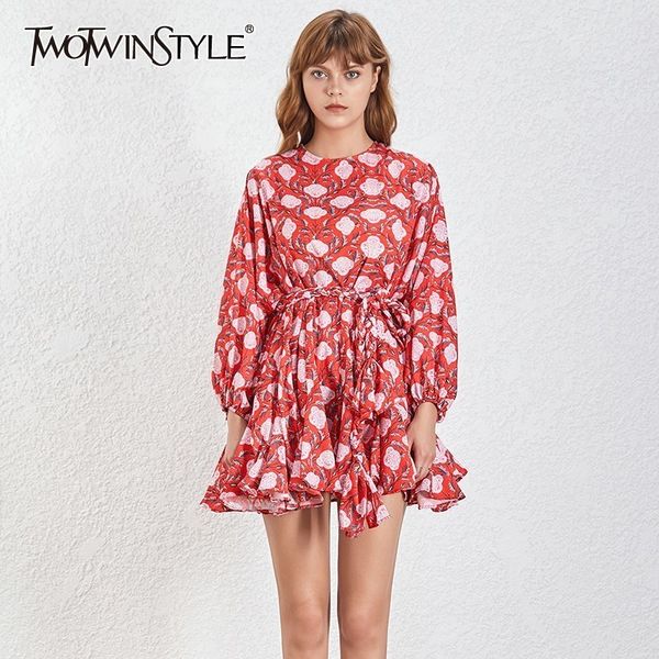 

twotwinstyle casual print dress for women o neck long sleeve high waist bandage mini dresses female fashion 2019 spring new, Black;gray