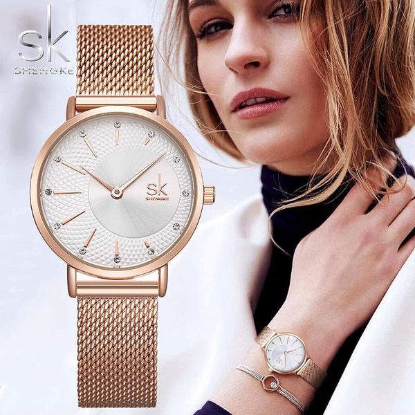 Shengke SK Mulheres Assista Top Marca Luxo 2019 Rose Gold Mulheres Pulseira relógio para senhoras relógio de pulso Montre Femme Relogio Feminino Y19051503